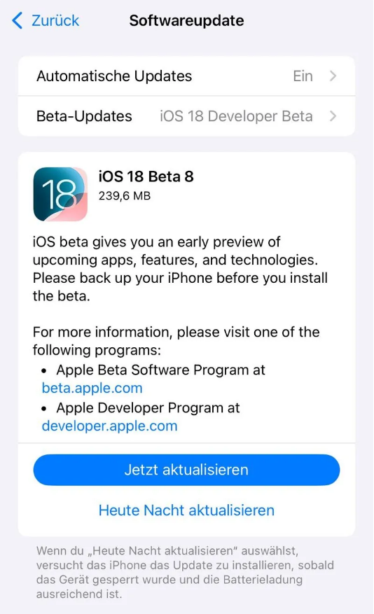 宁县苹果手机维修分享苹果 iOS / iPadOS 18 开发者预览版 Beta 8 发布 